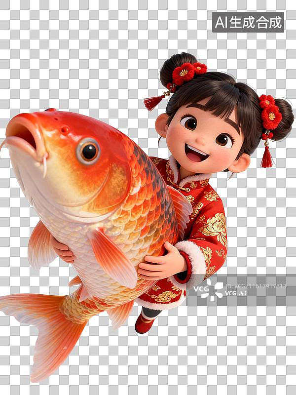 【AI数字艺术】“鲤” 想成真！萌娃抱锦鲤拜年 春节主题人物大透视插画图片素材