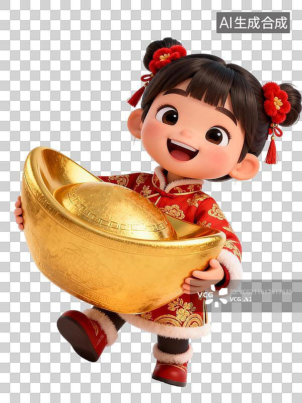 【AI数字艺术】飞奔送财！萌娃抱元宝奔跑 春节主题人物大透视插画图片素材