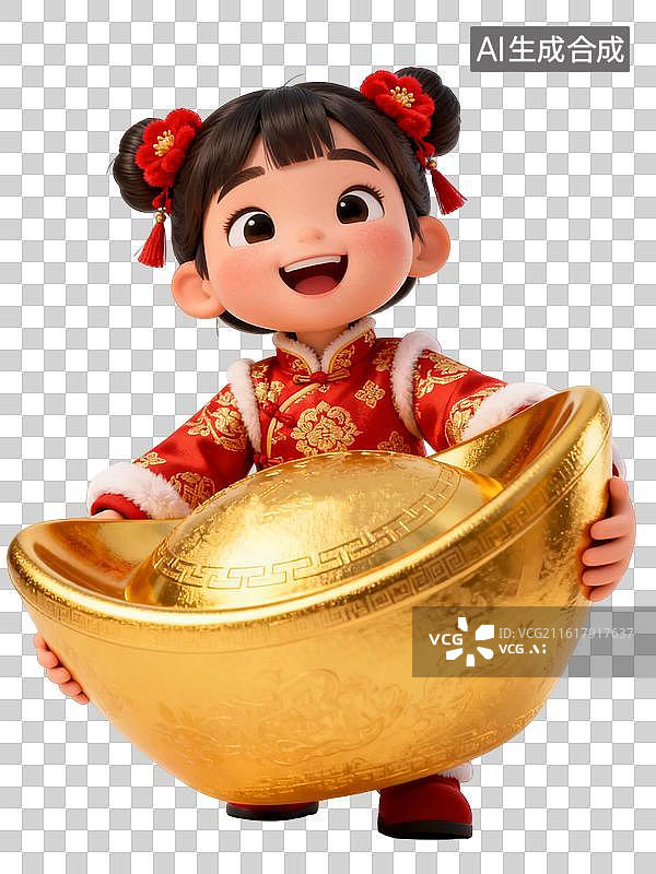 【AI数字艺术】小女孩稳稳托住金元宝 春节主题人物大透视插画图片素材