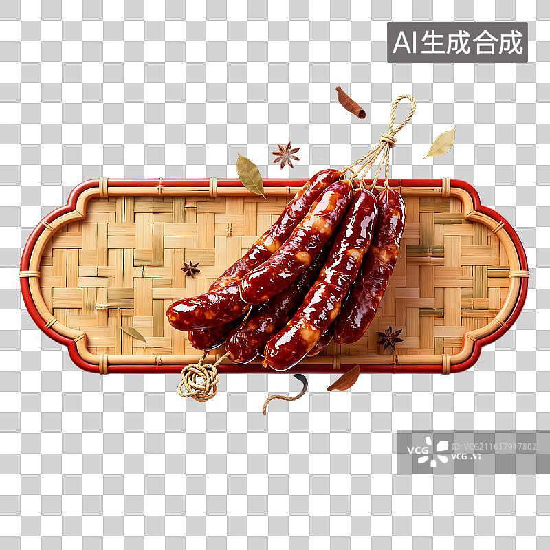 【AI数字艺术】竹盘上的美味腊肠图片素材