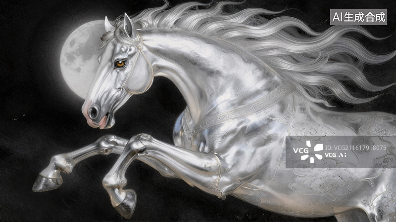 【AI数字艺术】银色骏马奔腾于月夜之下图片素材