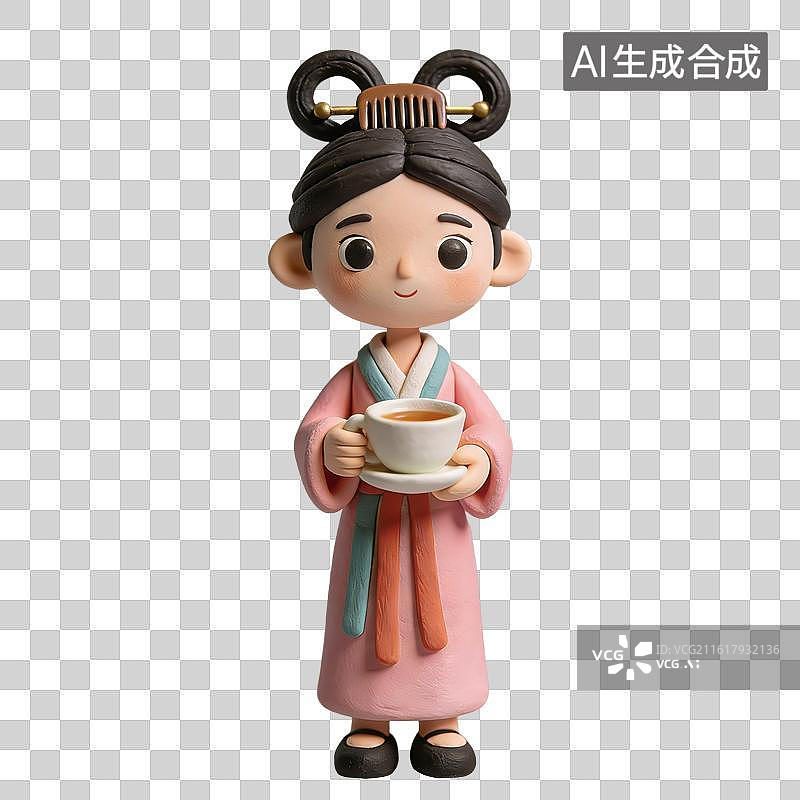 【AI数字艺术】3D粘土风古风侍女形象双手捧着白瓷茶杯与茶托元素图片素材
