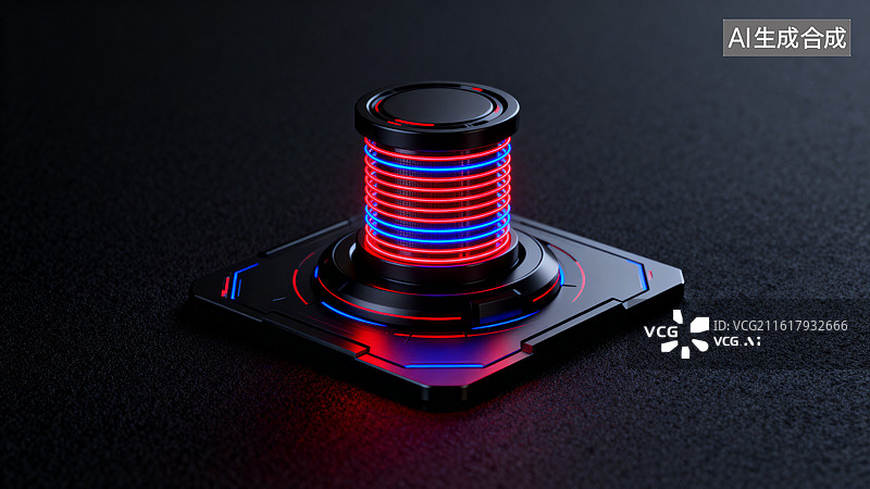 【AI数字艺术】红蓝霓虹光效科技感线圈装置特写图片素材