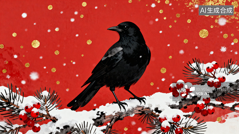 【AI数字艺术】黑鸟立雪松枝红果映红背景图片素材