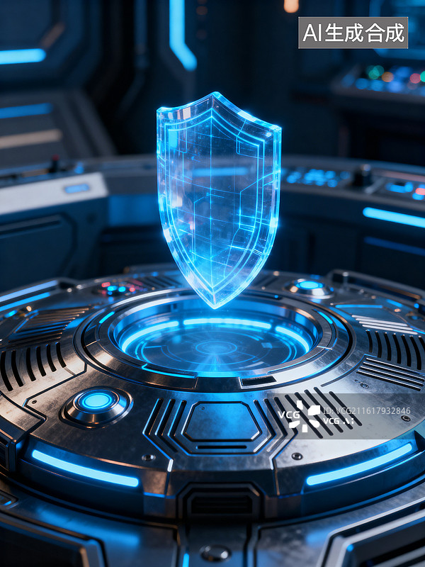【AI数字艺术】蓝色全息盾牌悬浮于科技控制台中央图片素材