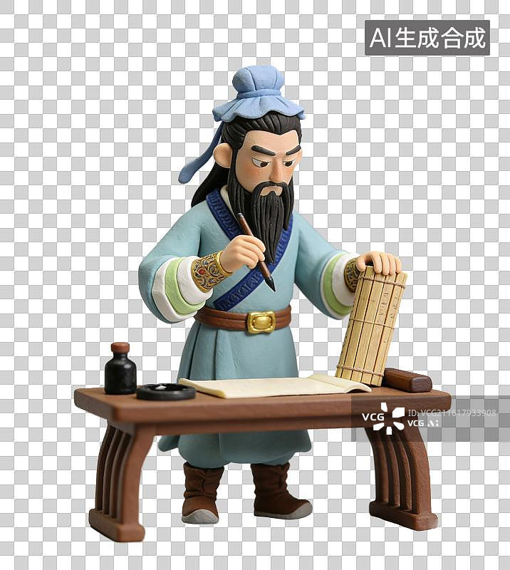 【AI数字艺术】3D粘土风古风文人形象手持握一卷竹简案上摆放着纸张墨瓶砚台儒雅庄重元素图片素材