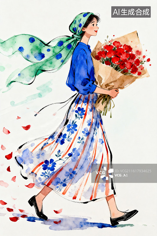 【AI数字艺术】松弛感水彩淡彩人物插画，高挑纤细的女子，绿底晕染蓝斑的丝质头巾,抱着大簇用浅棕色包装纸包裹的鲜花图片素材