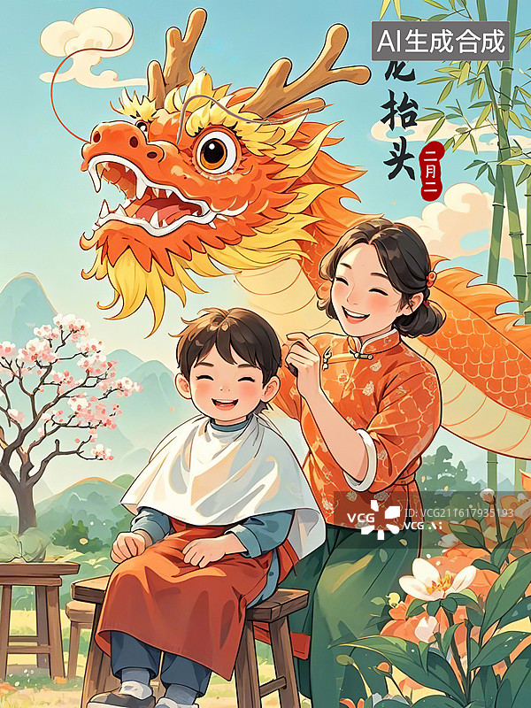 【AI数字艺术】二月二龙抬头龙头节概念插画，母亲给孩子理发图片素材