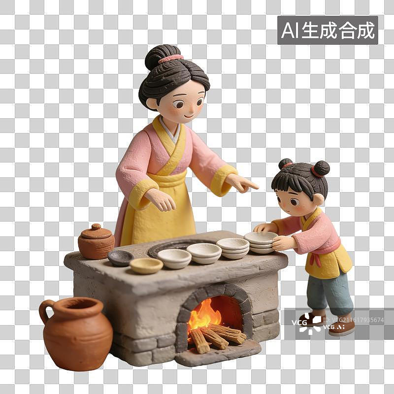 【AI数字艺术】3D粘土风身着传统服饰的女性在灶台前铁锅内烹饪旁边小姑娘在帮忙元素图片素材