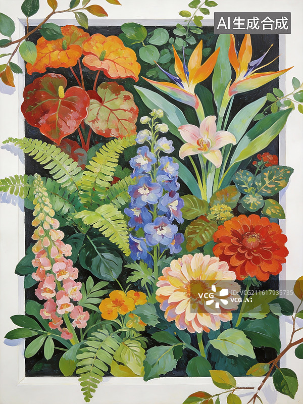 【AI数字艺术】绘画作品，茂密的多种植物，秋海棠、富贵蕨、国兰、大花飞燕草、毛地黄、大丽花，枝叶画框溢出。图片素材