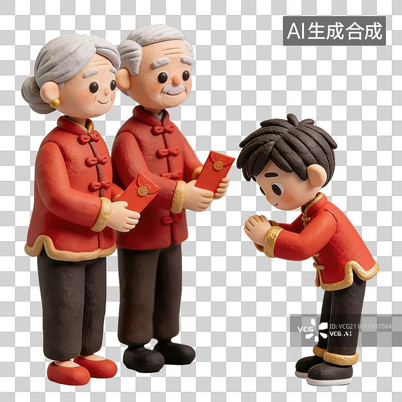 【AI数字艺术】3D粘土风春节大年初一拜年长辈爷爷奶奶给小辈发红包元素图片素材