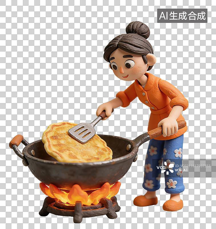 【AI数字艺术】3D粘土风农历正月初六女子在灶台上的铁锅里摊煎饼春节过年年俗元素图片素材