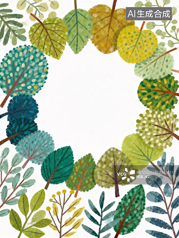 【AI数字艺术】形态各异的树和叶交织成圆框图片素材