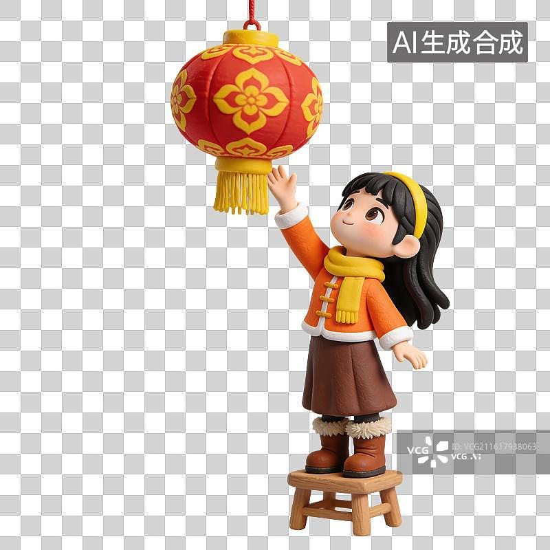 【AI数字艺术】3D粘土风女孩站在凳子上手触摸灯笼元素图片素材
