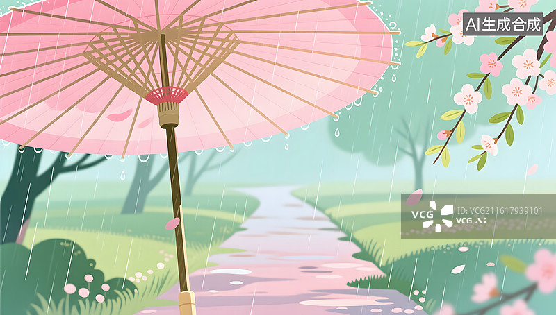 【AI数字艺术】雨水节气春雨如丝滋润林间的小路图片素材