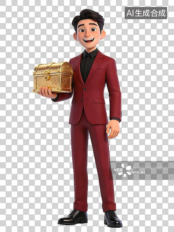 【AI数字艺术】年轻男性，面带微笑，手持金色宝箱，身穿红色西装黑色衬衫，姿态自信，是魔术师或表演者图片素材