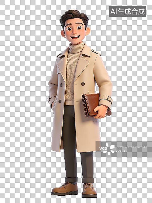 【AI数字艺术】年轻男性，面带微笑，手持棕色钱包，穿着米色大衣、灰色毛衣和棕色皮鞋，显得时尚而专业图片素材