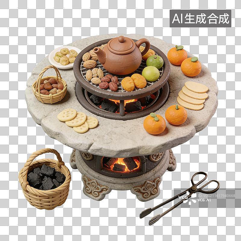 【AI数字艺术】3D粘土风中式围炉煮茶场景炉子周围点缀着饼干橘子坚果点心与食材元素图片素材