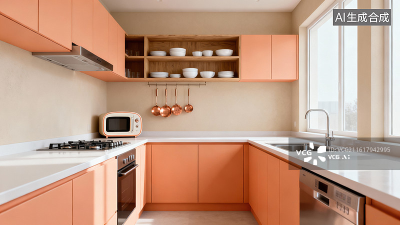 【AI数字艺术】现代橙色厨房内部设计图片素材