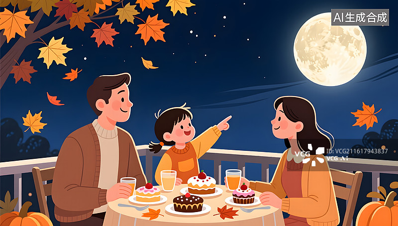 【AI数字艺术】感恩节夜晚全家人在阳台赏月分享甜点图片素材