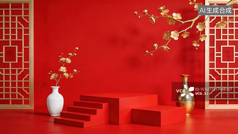 【AI数字艺术】红色背景中式装饰场景图片素材