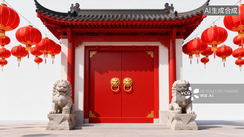 【AI数字艺术】红色大门与石狮灯笼图片素材