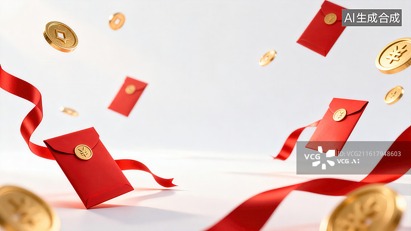 【AI数字艺术】红色红包与金币飘落场景图片素材