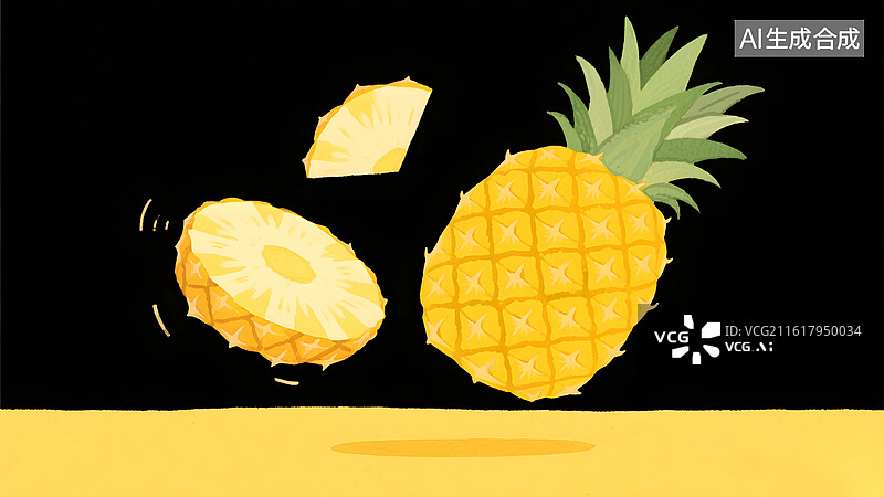 【AI数字艺术】菠萝和菠萝切片水彩插画，黄色菠萝图片素材