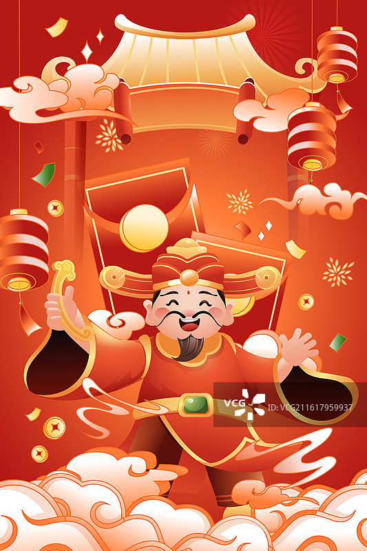 卡通新年春节年货节迎财神家人拜年过年红包电商购物消费促销优惠活动古建筑中国风国潮渐变矢量插画图片素材