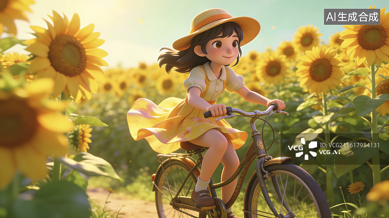 【AI数字艺术】女孩在向日葵花田骑自行车图片素材