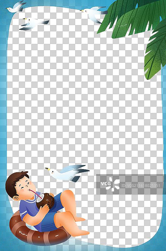 手绘噪点夏天夏季男孩喝椰果水与叶子边框竖图免抠元素图片素材