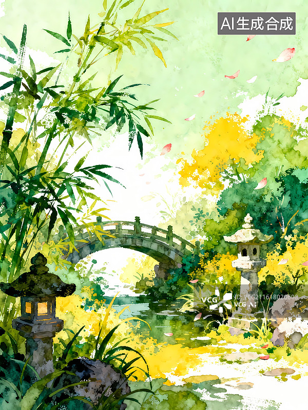 【AI数字艺术】水彩浓郁质感石桥绿色黄色竹林清新插画图片素材