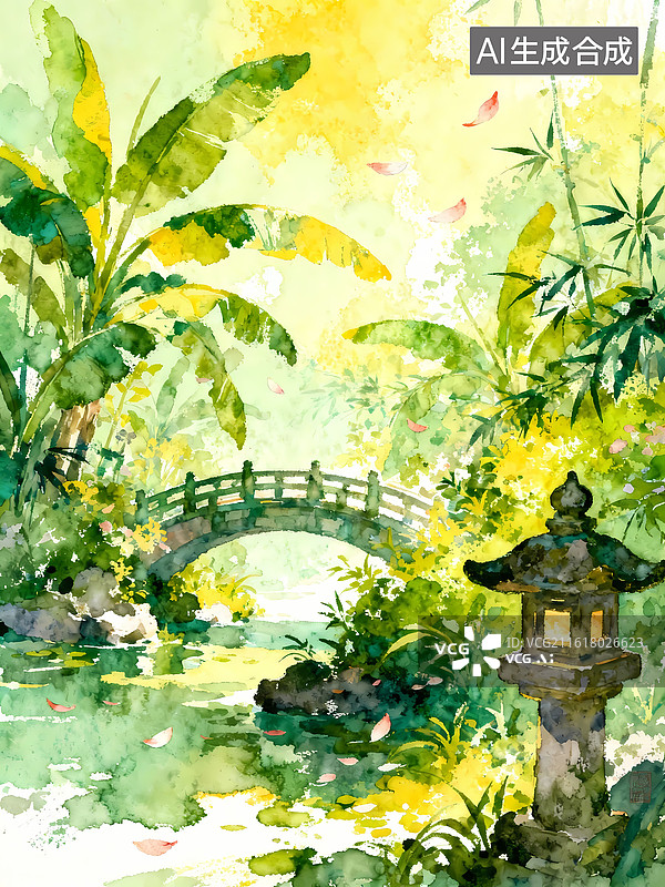 【AI数字艺术】水彩浓郁质感石桥绿色黄色竹林清新插画图片素材