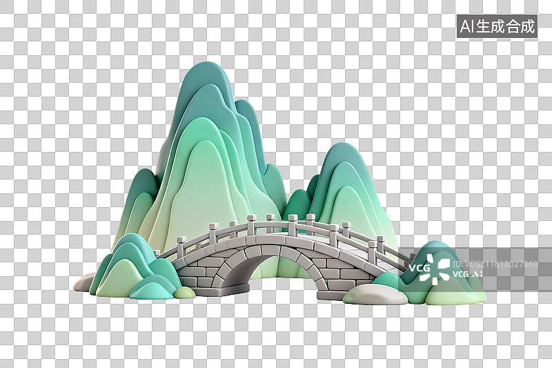 【AI数字艺术】卡通风格，中式风格，山峰下的一座石桥PNG格式的免扣元素图片素材