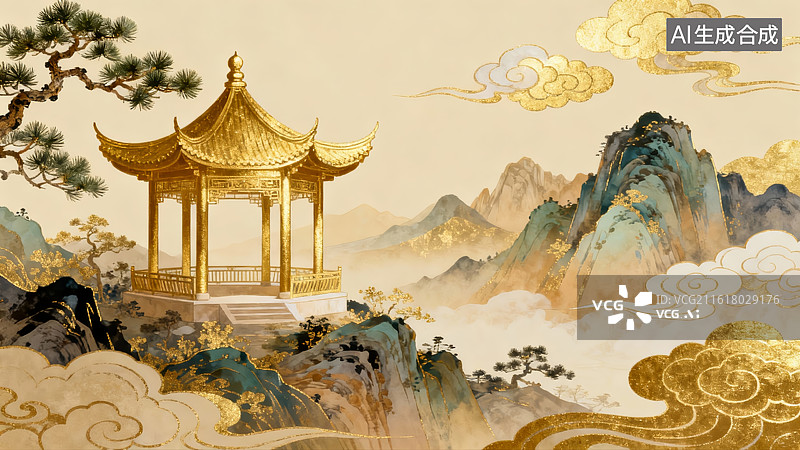 【AI数字艺术】金色亭台山水画卷图片素材