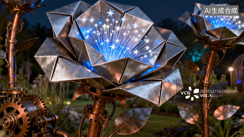 【AI数字艺术】发光金属花朵艺术装置图片素材