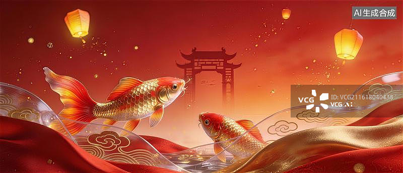 【AI数字艺术】新春锦鲤跃龙门贺岁插画：金红锦鲤跃过传统牌楼，祥云灯笼环绕，寓意吉祥如意图片素材