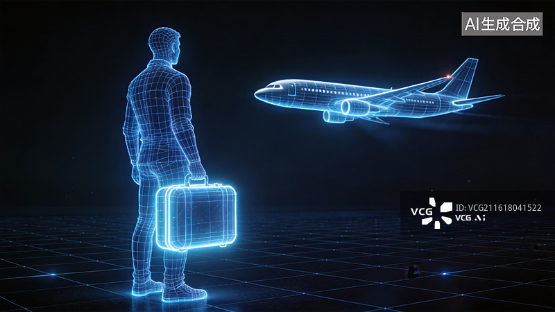【AI数字艺术】全息投影人物与飞机图片素材
