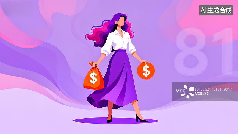 【AI数字艺术】女子手提钱袋行走图片素材