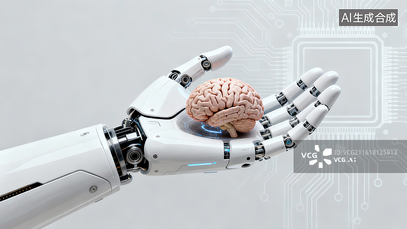 【AI数字艺术】机械手托举人脑模型图片素材