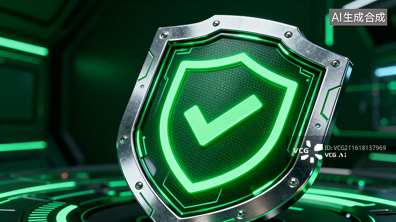【AI数字艺术】绿色发光盾牌图标科技感安全防护标志图片素材