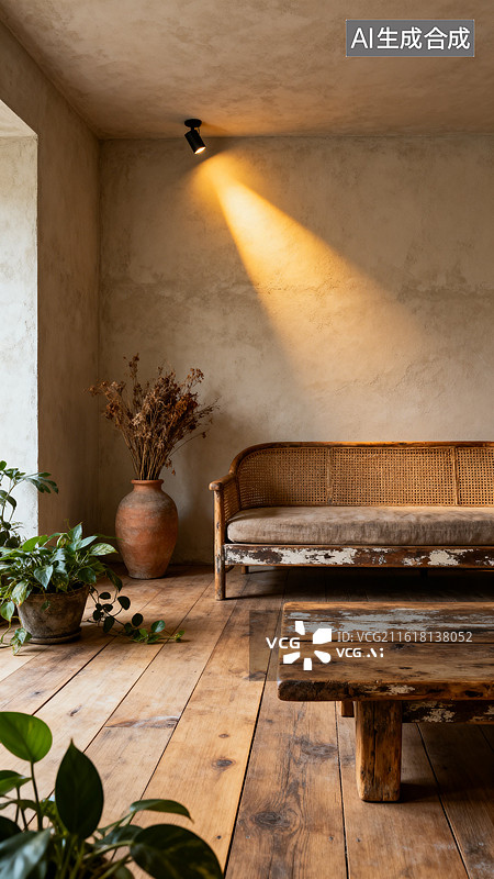 【AI数字艺术】藤编沙发与陶罐绿植构成的质朴室内角落图片素材