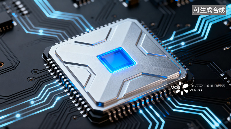 【AI数字艺术】发光蓝色核心的集成电路芯片特写图片素材
