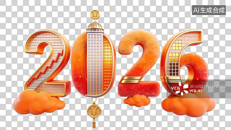 【AI数字艺术】3D毛绒质感2026新年主题阶梯折线摩天大楼云朵钱币等招财增长的商业寓意元素图片素材