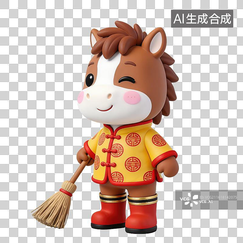 【AI数字艺术】3D立体马年春节拟人马玩偶穿着中式服装拿着笤帚打扫卫生元素图片素材