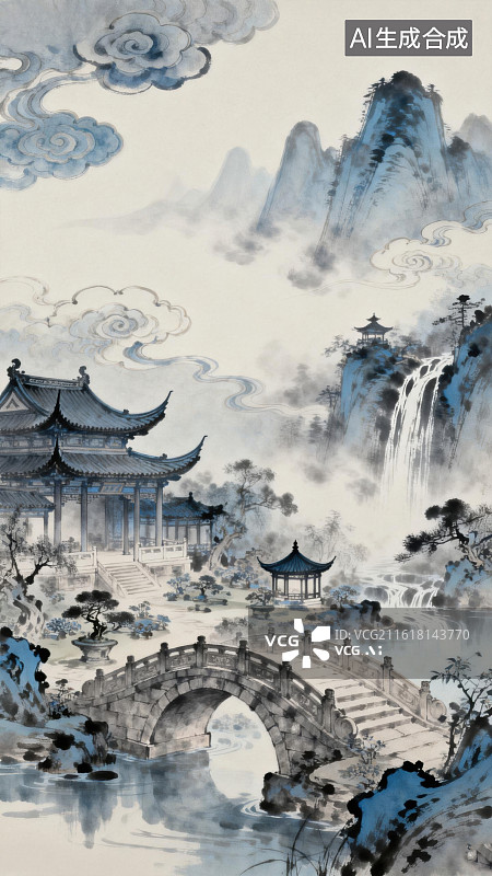 【AI数字艺术】山水画中的古典园林景色图片素材