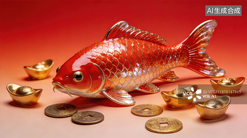 【AI数字艺术】红色金鱼与金色元宝图片素材