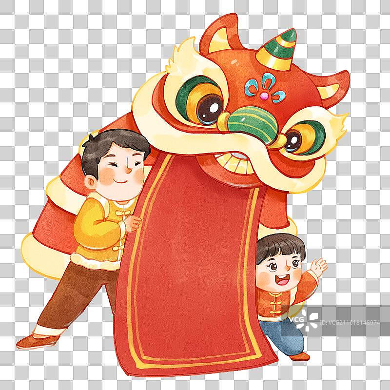 手绘水彩开工大吉人物舞狮卷轴通用喜庆免抠元素图片素材