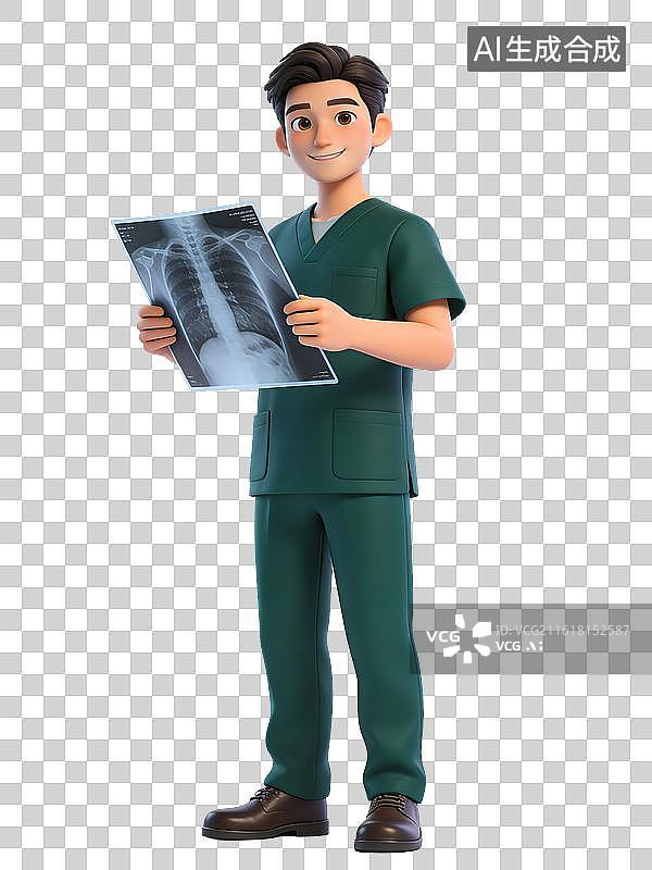【AI数字艺术】年轻男性医生，面带微笑，手持X光片，身穿绿色手术服，棕色皮鞋，站立姿势，专业自信图片素材