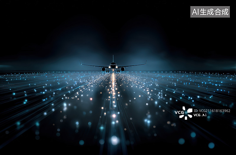 【AI数字艺术】夜航飞机跑道灯光效果图片素材